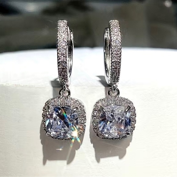 Square diamond drop dangle earrings silver plated - Picture 2 of 4